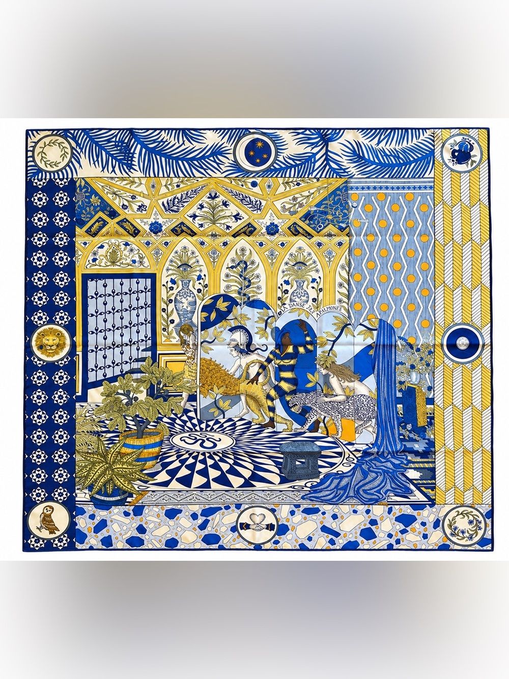 Hermes Silk La Danse Des Amazones Scarf 90 Bleu Roy Gold Creme